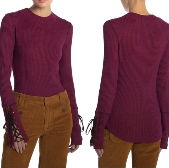 Free People Mountaineer Lace Up Statement Sleeve Thermal Sweater Burgundy SM - Picture 1 of 9